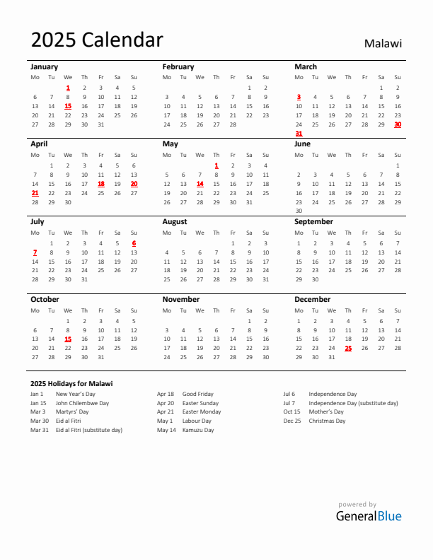 Standard Holiday Calendar for 2025 with Malawi Holidays 