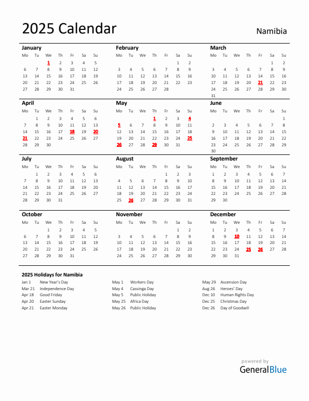 Standard Holiday Calendar for 2025 with Namibia Holidays 