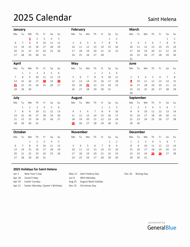 Standard Holiday Calendar for 2025 with Saint Helena Holidays 