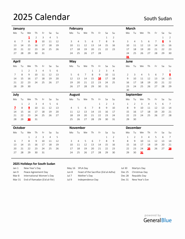 Standard Holiday Calendar for 2025 with South Sudan Holidays 