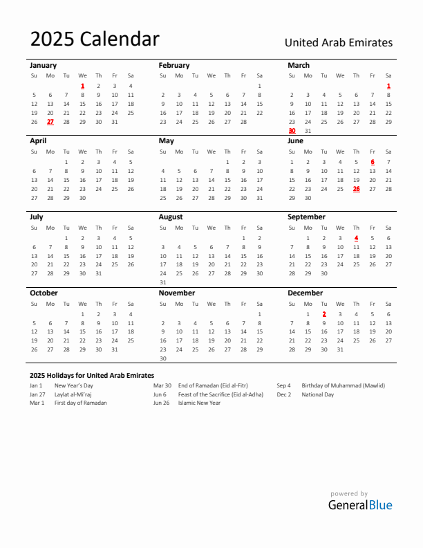 Standard Holiday Calendar for 2025 with United Arab Emirates Holidays 