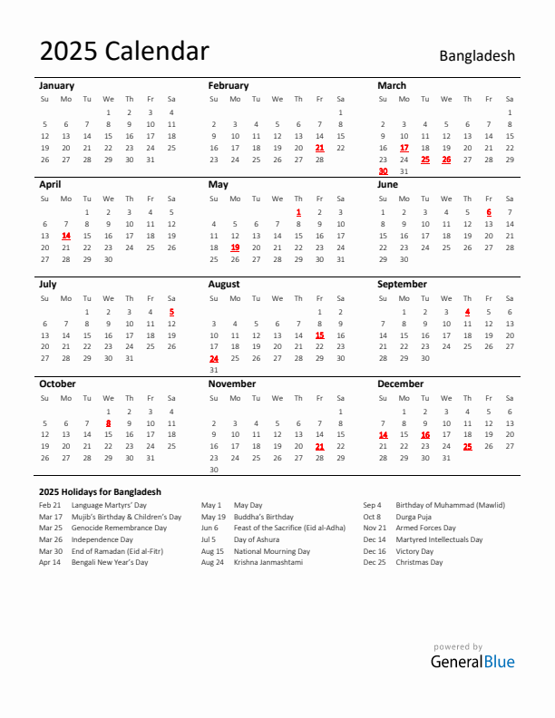 Standard Holiday Calendar for 2025 with Bangladesh Holidays 