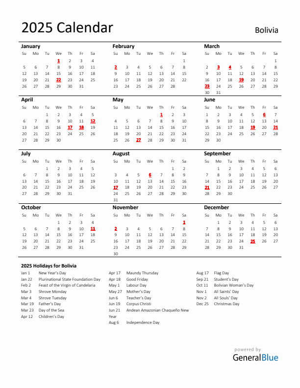 Standard Holiday Calendar for 2025 with Bolivia Holidays 