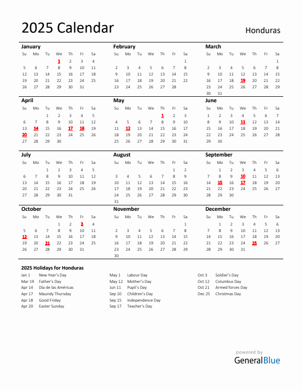 Standard Holiday Calendar for 2025 with Honduras Holidays 