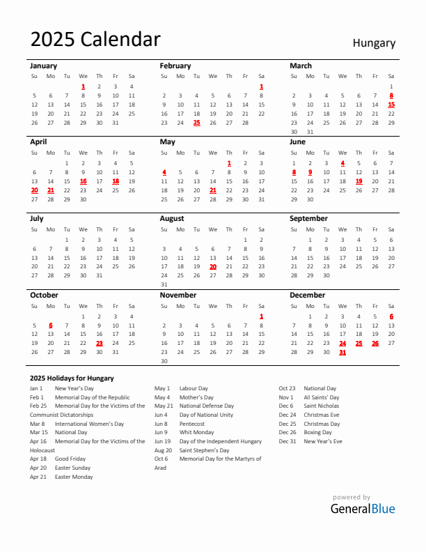 Standard Holiday Calendar for 2025 with Hungary Holidays 