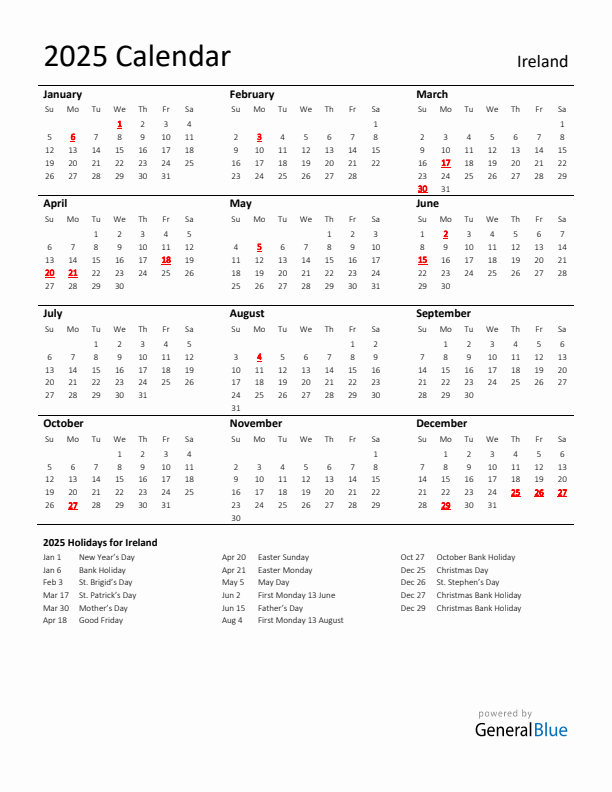 Standard Holiday Calendar for 2025 with Ireland Holidays 