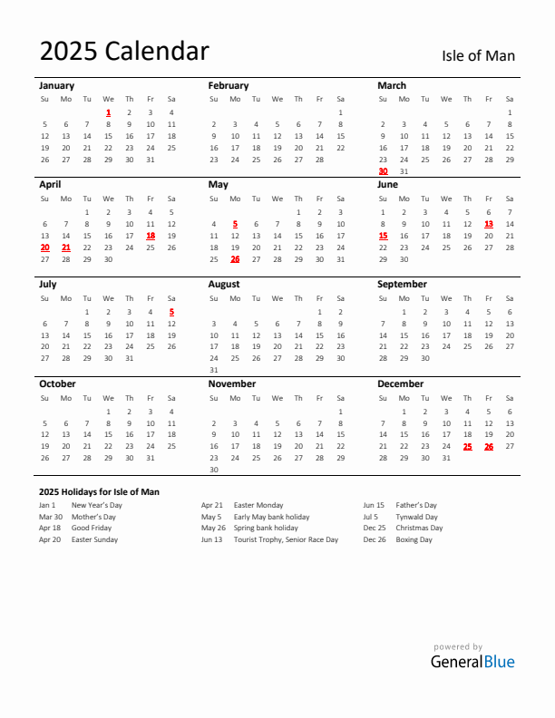 Standard Holiday Calendar for 2025 with Isle of Man Holidays 