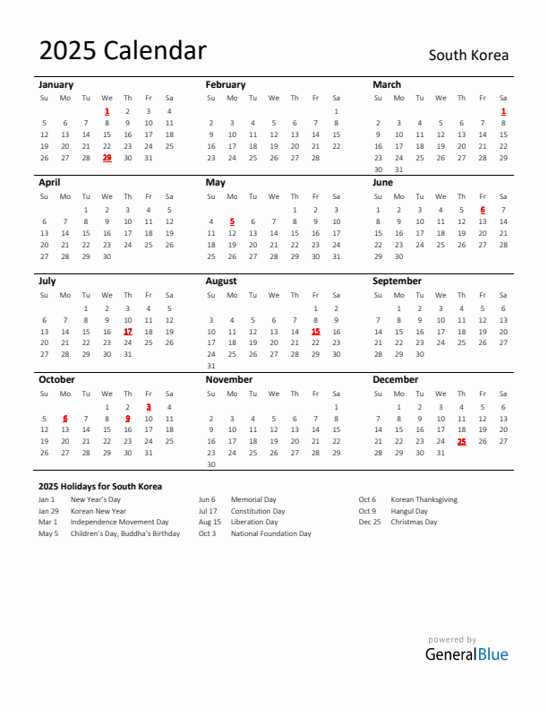 Standard Holiday Calendar for 2025 with South Korea Holidays 