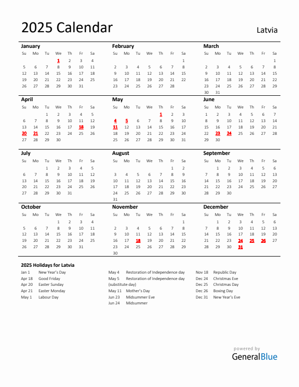 Standard Holiday Calendar for 2025 with Latvia Holidays 