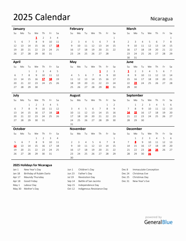 Standard Holiday Calendar for 2025 with Nicaragua Holidays 