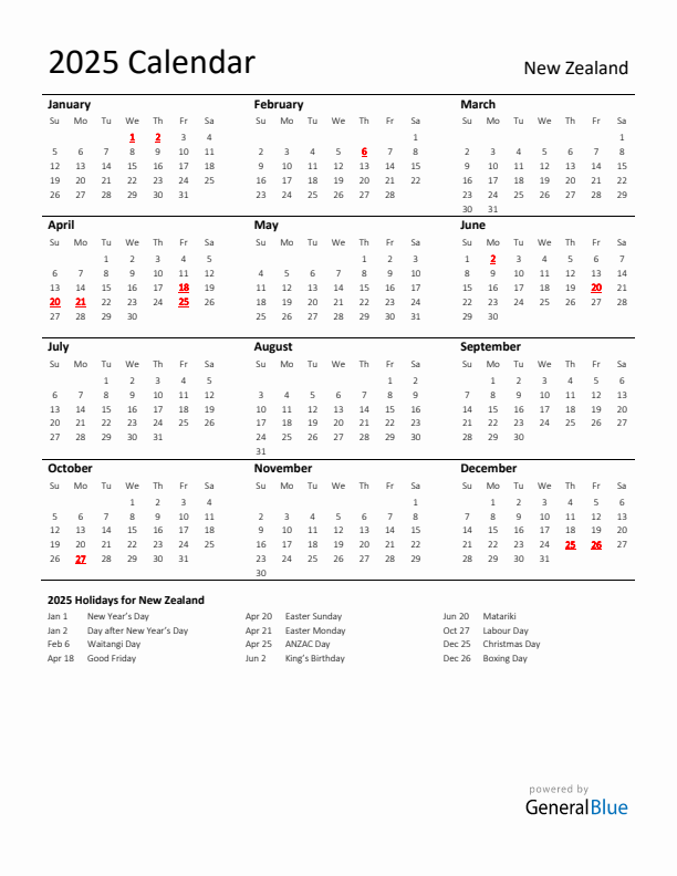 Standard Holiday Calendar for 2025 with New Zealand Holidays 