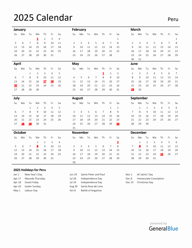 Standard Holiday Calendar for 2025 with Peru Holidays 