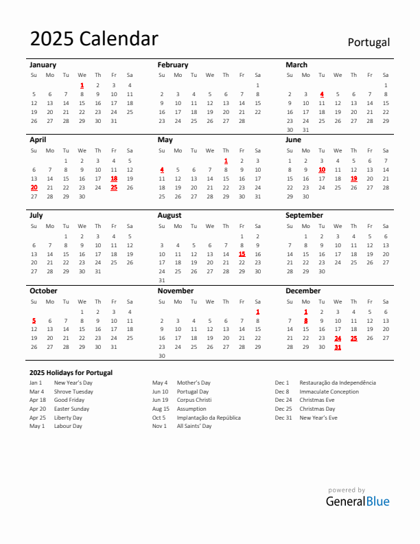 Standard Holiday Calendar for 2025 with Portugal Holidays 