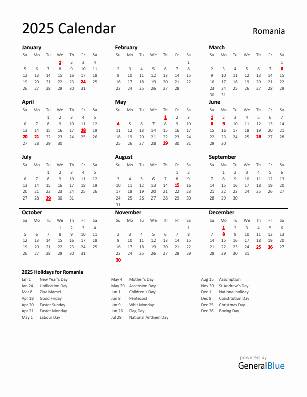 Standard Holiday Calendar for 2025 with Romania Holidays 