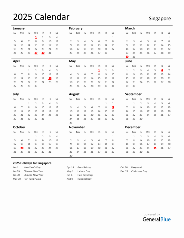 Standard Holiday Calendar for 2025 with Singapore Holidays 