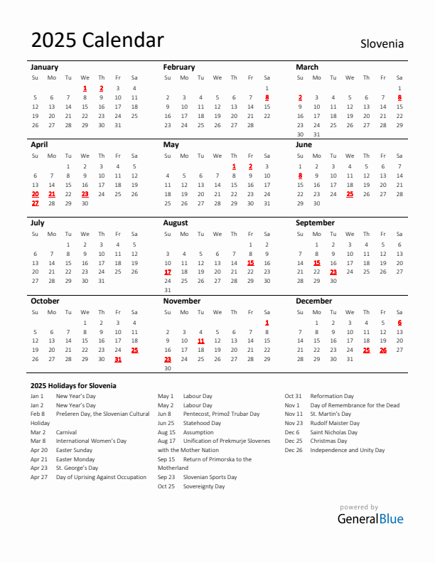 Standard Holiday Calendar for 2025 with Slovenia Holidays 