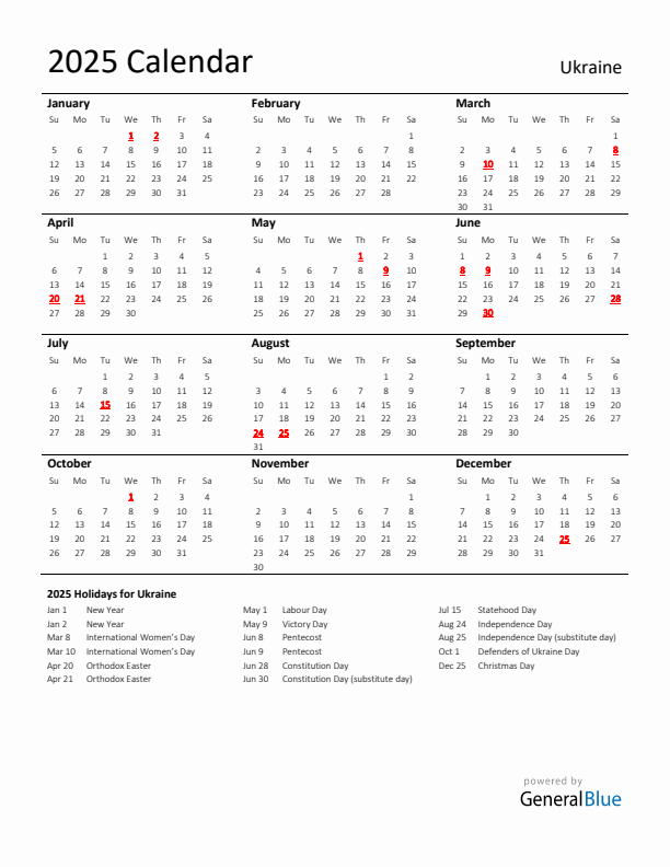 Standard Holiday Calendar for 2025 with Ukraine Holidays 