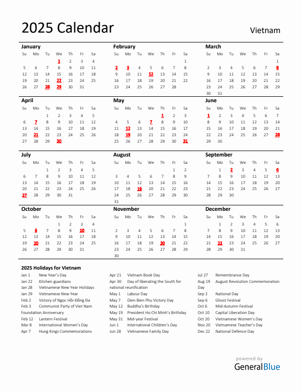 Standard Holiday Calendar for 2025 with Vietnam Holidays