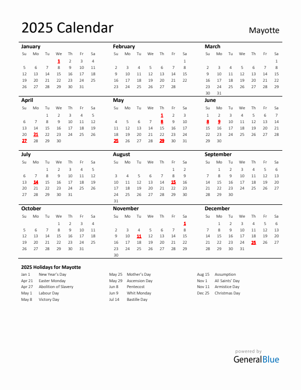 Standard Holiday Calendar for 2025 with Mayotte Holidays 