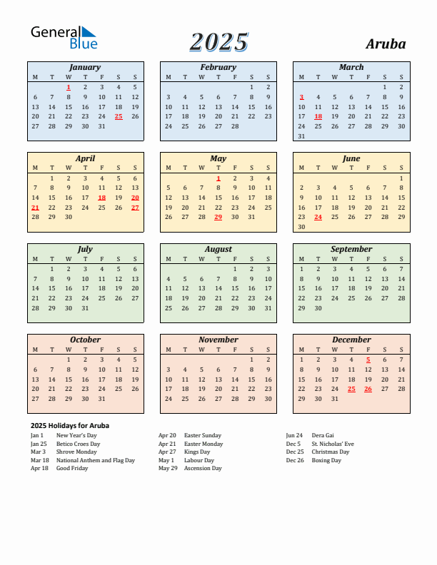 Aruba Calendar 2025 with Monday Start