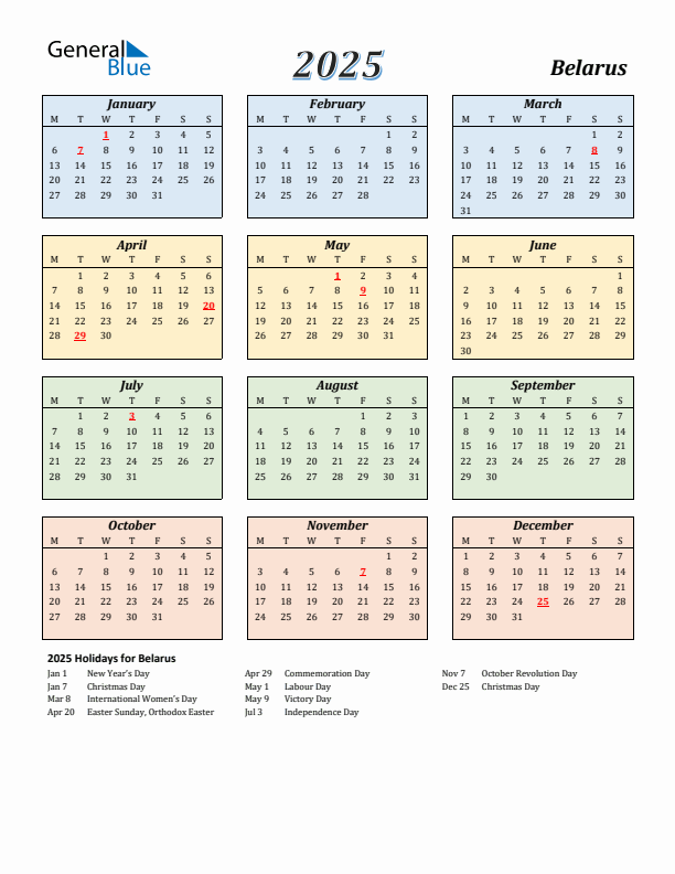 Belarus Calendar 2025 with Monday Start