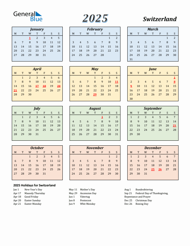 Switzerland Calendar 2025 with Monday Start