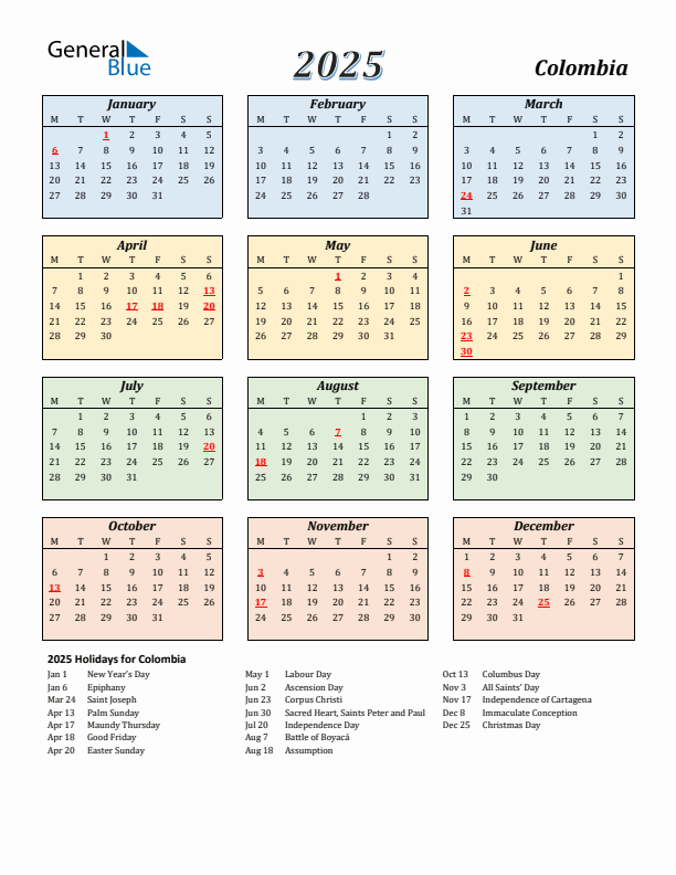 2025 Colombia Calendar with Monday Start