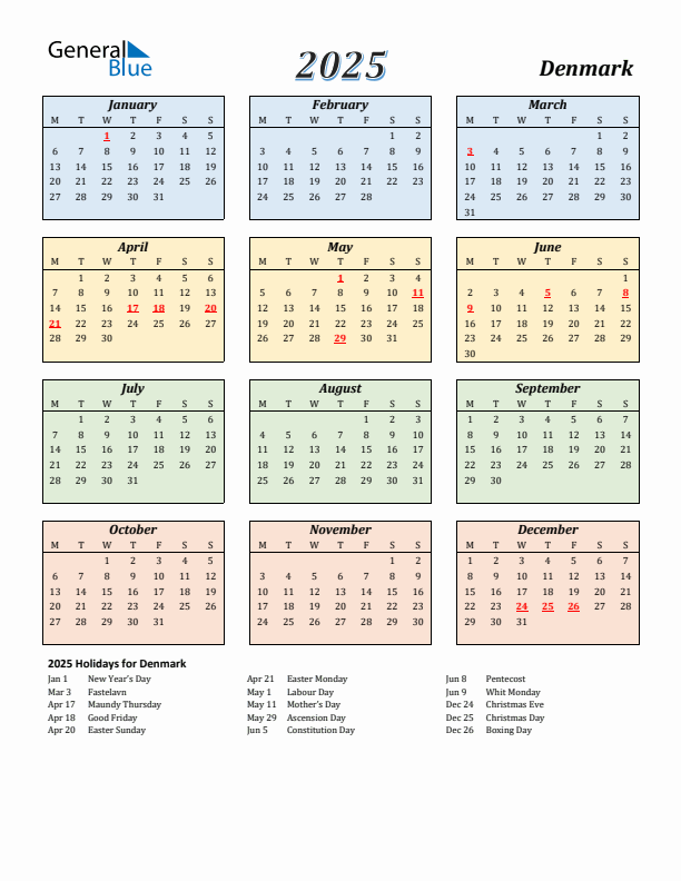 Denmark Calendar 2025 with Monday Start