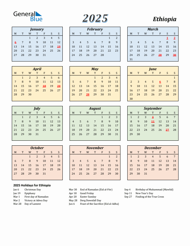 Ethiopia Calendar 2025 with Monday Start