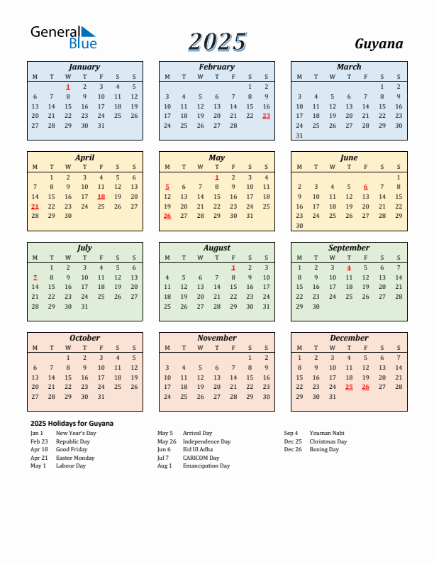 Guyana Calendar 2025 with Monday Start