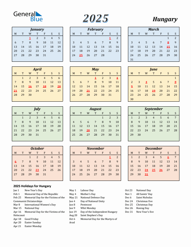 Hungary Calendar 2025 with Monday Start