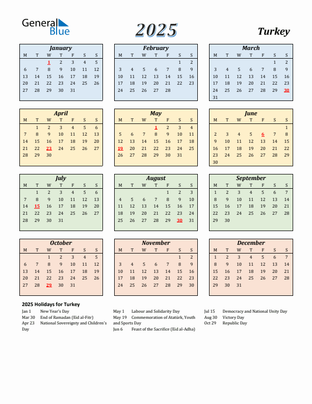 Turkey Calendar 2025 with Monday Start