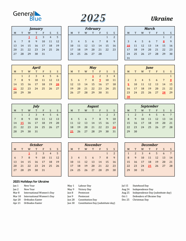 Ukraine Calendar 2025 with Monday Start