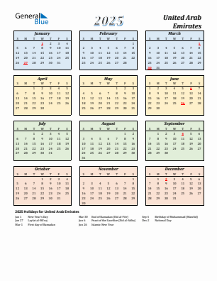 United Arab Emirates current year calendar 2025 with holidays