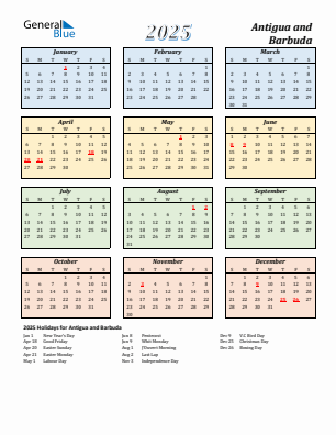 Antigua and Barbuda current year calendar 2025 with holidays