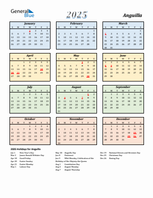 Anguilla current year calendar 2025 with holidays