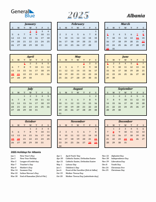 Albania current year calendar 2025 with holidays