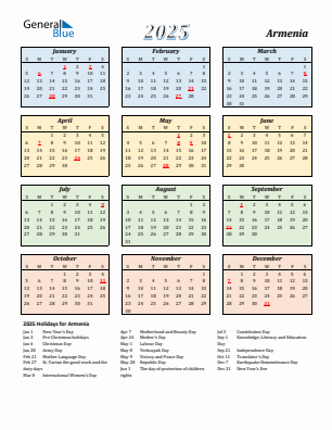 Armenia current year calendar 2025 with holidays