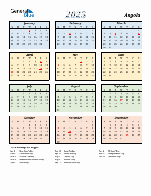 Angola current year calendar 2025 with holidays