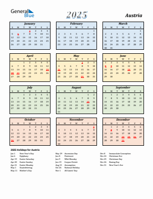 Austria current year calendar 2025 with holidays