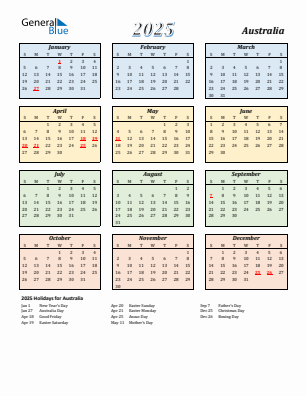 Australia current year calendar 2025 with holidays