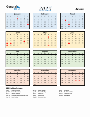 Aruba current year calendar 2025 with holidays