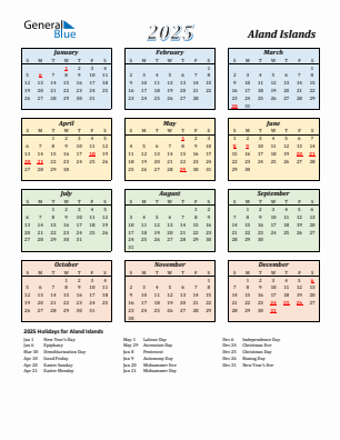 Aland Islands current year calendar 2025 with holidays