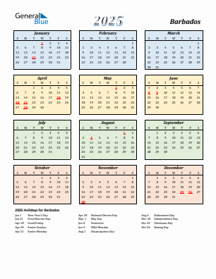 Barbados current year calendar 2025 with holidays