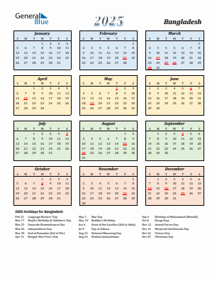 Bangladesh current year calendar 2025 with holidays