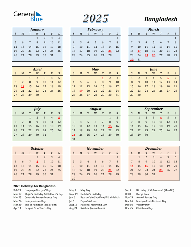 Bangladesh Calendar 2025 with Sunday Start