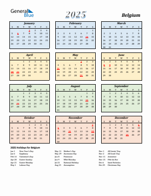 Belgium current year calendar 2025 with holidays