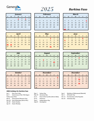 Burkina Faso current year calendar 2025 with holidays