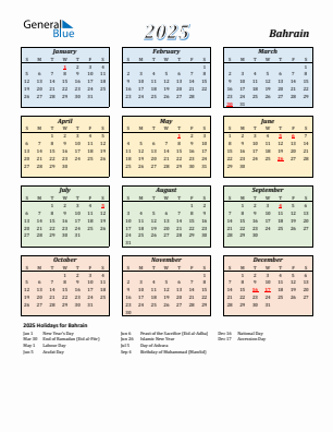 Bahrain current year calendar 2025 with holidays