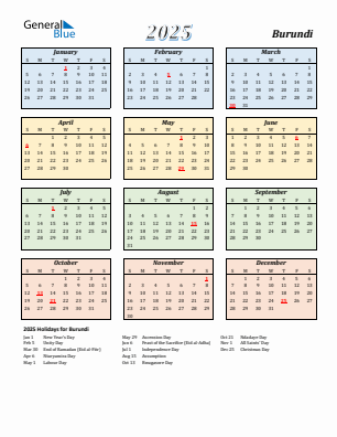 Burundi current year calendar 2025 with holidays